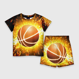 Детский костюм с шортами 3D с принтом Баскетбольный мяч ,  |  | Тематика изображения на принте: взрыв | искры | огонь | пламя