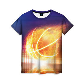 Женская футболка 3D с принтом Огненный мяч , 100% полиэфир ( синтетическое хлопкоподобное полотно) | прямой крой, круглый вырез горловины, длина до линии бедер | Тематика изображения на принте: streetball | баскетбол | взрыв | искры | любимая игра | моя жизнь | мяч | огонь | пламя | развлечение | страсть | тренировка | увлечение | хобби