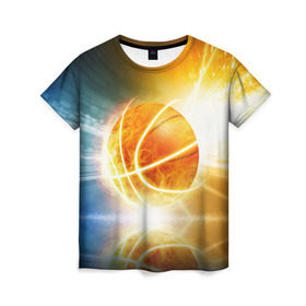 Женская футболка 3D с принтом Баскетбол - жизнь моя , 100% полиэфир ( синтетическое хлопкоподобное полотно) | прямой крой, круглый вырез горловины, длина до линии бедер | Тематика изображения на принте: streetball | баскетбол | взрыв | мяч | пламя