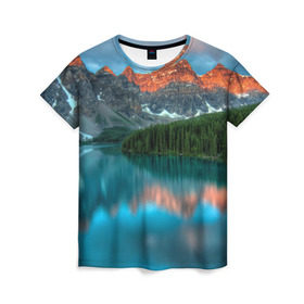 Женская футболка 3D с принтом Неописуемая красота , 100% полиэфир ( синтетическое хлопкоподобное полотно) | прямой крой, круглый вырез горловины, длина до линии бедер | горы | канада | красота | лес | небо | облака | озеро | пейзаж | природа | речка