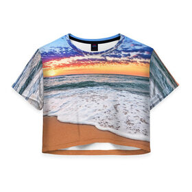 Женская футболка 3D укороченная с принтом Красивый закат , 100% полиэстер | круглая горловина, длина футболки до линии талии, рукава с отворотами | sunrise | sunset | волна | жара | закат | зной | красота | лето | море | океан | отдых | пена | песок | пляж | прибой | прилив | природа | рассвет | солнце