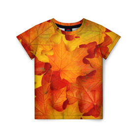 Детская футболка 3D с принтом Кленовые листья , 100% гипоаллергенный полиэфир | прямой крой, круглый вырез горловины, длина до линии бедер, чуть спущенное плечо, ткань немного тянется | Тематика изображения на принте: дары осени | жёлтый | золотой | клён | краски | красный | красота | листва | листья | наряд | оранжевый | осень | покров | природа