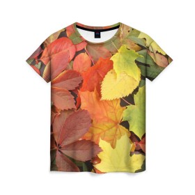 Женская футболка 3D с принтом Осенние листья , 100% полиэфир ( синтетическое хлопкоподобное полотно) | прямой крой, круглый вырез горловины, длина до линии бедер | Тематика изображения на принте: жёлтый | красный | листва | оранжевый | осень