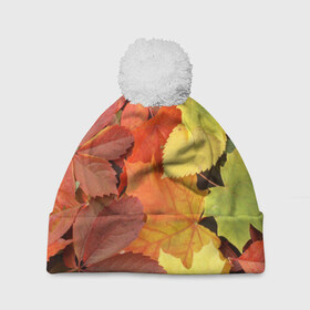 Шапка 3D c помпоном с принтом Осенние листья , 100% полиэстер | универсальный размер, печать по всей поверхности изделия | жёлтый | красный | листва | оранжевый | осень