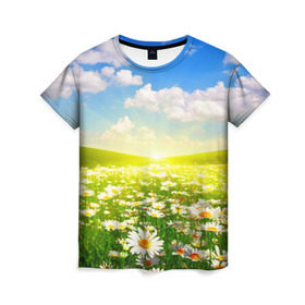 Женская футболка 3D с принтом Ромашки , 100% полиэфир ( синтетическое хлопкоподобное полотно) | прямой крой, круглый вырез горловины, длина до линии бедер | поле | природа | ромашка | цветы