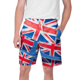 Мужские шорты 3D с принтом Британские флаги ,  полиэстер 100% | прямой крой, два кармана без застежек по бокам. Мягкая трикотажная резинка на поясе, внутри которой широкие завязки. Длина чуть выше колен | Тематика изображения на принте: англия | британия | великобритания