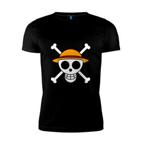 Мужская футболка премиум с принтом Весёлый Роджер Мугивар , 92% хлопок, 8% лайкра | приталенный силуэт, круглый вырез ворота, длина до линии бедра, короткий рукав | аниме | большой куш | ван пис | кости | луффи | мугивара | пираты | соломенная | череп | шляпа