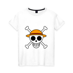 Женская футболка хлопок с принтом Весёлый Роджер Мугивар , 100% хлопок | прямой крой, круглый вырез горловины, длина до линии бедер, слегка спущенное плечо | аниме | большой куш | ван пис | кости | луффи | мугивара | пираты | соломенная | череп | шляпа