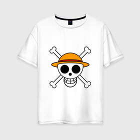 Женская футболка хлопок Oversize с принтом Весёлый Роджер Мугивар , 100% хлопок | свободный крой, круглый ворот, спущенный рукав, длина до линии бедер
 | аниме | большой куш | ван пис | кости | луффи | мугивара | пираты | соломенная | череп | шляпа