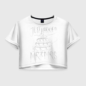 Женская футболка 3D укороченная с принтом MR&MRS , 100% полиэстер | круглая горловина, длина футболки до линии талии, рукава с отворотами | бабочка | жених | молодожены | невеста | свадьба | торт