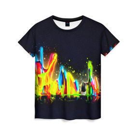 Женская футболка 3D с принтом Взрыв красок , 100% полиэфир ( синтетическое хлопкоподобное полотно) | прямой крой, круглый вырез горловины, длина до линии бедер | абстракция | абстракция красок | брызги | краска | цветные