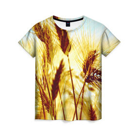 Женская футболка 3D с принтом Колос , 100% полиэфир ( синтетическое хлопкоподобное полотно) | прямой крой, круглый вырез горловины, длина до линии бедер | желтый | злаки | поле | пшеница