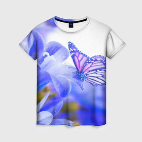 Женская футболка 3D с принтом Бабочки , 100% полиэфир ( синтетическое хлопкоподобное полотно) | прямой крой, круглый вырез горловины, длина до линии бедер | бабочки | красота | природа | синяя | цветы
