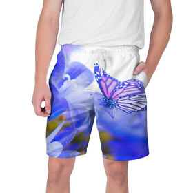 Мужские шорты 3D с принтом Бабочки ,  полиэстер 100% | прямой крой, два кармана без застежек по бокам. Мягкая трикотажная резинка на поясе, внутри которой широкие завязки. Длина чуть выше колен | бабочки | красота | природа | синяя | цветы
