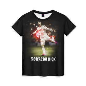 Женская футболка 3D с принтом Удар Роналдо , 100% полиэфир ( синтетическое хлопкоподобное полотно) | прямой крой, круглый вырез горловины, длина до линии бедер | real | ronaldo | реал мадрид | роналдо | футбол