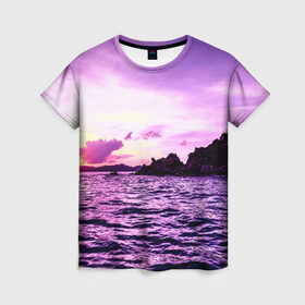 Женская футболка 3D с принтом Закат , 100% полиэфир ( синтетическое хлопкоподобное полотно) | прямой крой, круглый вырез горловины, длина до линии бедер | закат | море | пейзаж | фиолетовый