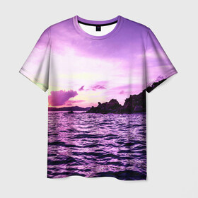 Мужская футболка 3D с принтом Закат , 100% полиэфир | прямой крой, круглый вырез горловины, длина до линии бедер | Тематика изображения на принте: закат | море | пейзаж | фиолетовый