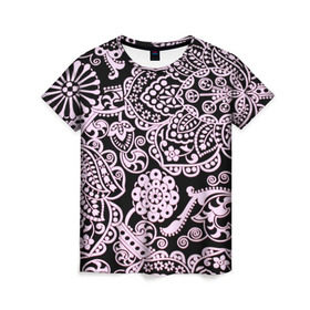 Женская футболка 3D с принтом Узоры , 100% полиэфир ( синтетическое хлопкоподобное полотно) | прямой крой, круглый вырез горловины, длина до линии бедер | кружево | розовый | цветы