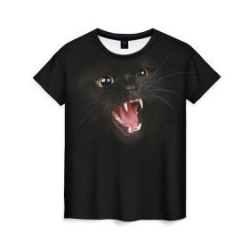 Женская футболка 3D с принтом Чёрный кот , 100% полиэфир ( синтетическое хлопкоподобное полотно) | прямой крой, круглый вырез горловины, длина до линии бедер | киска | кот | кошка