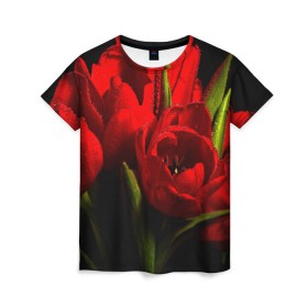 Женская футболка 3D с принтом Тюльпаны , 100% полиэфир ( синтетическое хлопкоподобное полотно) | прямой крой, круглый вырез горловины, длина до линии бедер | букет | красота | поле | природа | тюльпаны | цветы