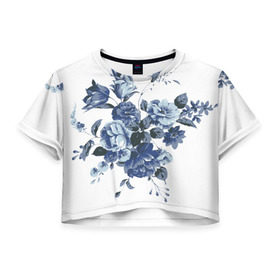 Женская футболка 3D укороченная с принтом Синие цветы , 100% полиэстер | круглая горловина, длина футболки до линии талии, рукава с отворотами | Тематика изображения на принте: розы | синие розы | узор | цветы
