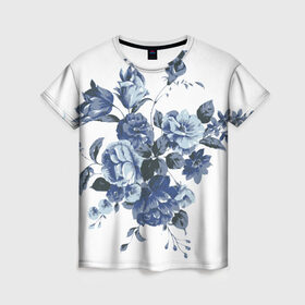 Женская футболка 3D с принтом Синие цветы , 100% полиэфир ( синтетическое хлопкоподобное полотно) | прямой крой, круглый вырез горловины, длина до линии бедер | Тематика изображения на принте: розы | синие розы | узор | цветы