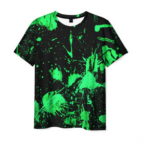 Мужская футболка 3D с принтом Брызги красок , 100% полиэфир | прямой крой, круглый вырез горловины, длина до линии бедер | зеленый | кляксы | паттерн | черный