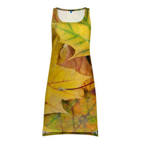 Платье-майка 3D с принтом Осенние листья , 100% полиэстер | полуприлегающий силуэт, широкие бретели, круглый вырез горловины, удлиненный подол сзади. | Тематика изображения на принте: жёлтый | зелёный | клён | листва