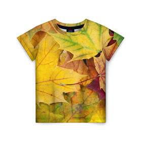 Детская футболка 3D с принтом Осенние листья , 100% гипоаллергенный полиэфир | прямой крой, круглый вырез горловины, длина до линии бедер, чуть спущенное плечо, ткань немного тянется | жёлтый | зелёный | клён | листва
