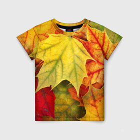 Детская футболка 3D с принтом Кленовые листья , 100% гипоаллергенный полиэфир | прямой крой, круглый вырез горловины, длина до линии бедер, чуть спущенное плечо, ткань немного тянется | Тематика изображения на принте: жёлтый | зелёный | красный | листва | оранжевый | осень