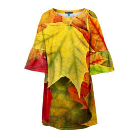Детское платье 3D с принтом Кленовые листья , 100% полиэстер | прямой силуэт, чуть расширенный к низу. Круглая горловина, на рукавах — воланы | жёлтый | зелёный | красный | листва | оранжевый | осень