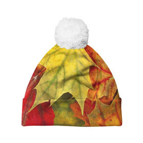 Шапка 3D c помпоном с принтом Кленовые листья , 100% полиэстер | универсальный размер, печать по всей поверхности изделия | жёлтый | зелёный | красный | листва | оранжевый | осень