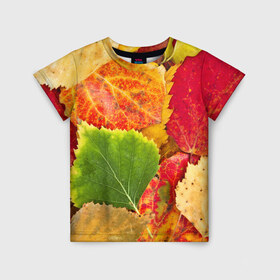 Детская футболка 3D с принтом Осень , 100% гипоаллергенный полиэфир | прямой крой, круглый вырез горловины, длина до линии бедер, чуть спущенное плечо, ткань немного тянется | Тематика изображения на принте: берёза | дары осени | жёлтый | зелёный | золотой | краски | красный | красота | листва | листья | наряд | оранжевый | осень | осина | покров | природа
