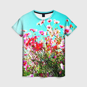 Женская футболка 3D с принтом Поле цветов , 100% полиэфир ( синтетическое хлопкоподобное полотно) | прямой крой, круглый вырез горловины, длина до линии бедер | луг | пейзаж | розовый