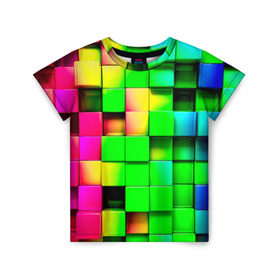 Детская футболка 3D с принтом Кубики , 100% гипоаллергенный полиэфир | прямой крой, круглый вырез горловины, длина до линии бедер, чуть спущенное плечо, ткань немного тянется | радуга | разноцветный. квадраты | текстура