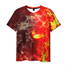 Мужская футболка 3D с принтом Цветок в огне , 100% полиэфир | прямой крой, круглый вырез горловины, длина до линии бедер | дым | пламя