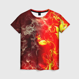 Женская футболка 3D с принтом Цветок в огне , 100% полиэфир ( синтетическое хлопкоподобное полотно) | прямой крой, круглый вырез горловины, длина до линии бедер | дым | пламя