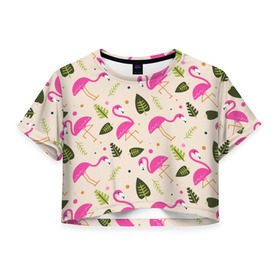 Женская футболка 3D укороченная с принтом Фламинго , 100% полиэстер | круглая горловина, длина футболки до линии талии, рукава с отворотами | абстракция | арт | листья | фламинго | хипстеры