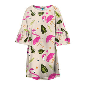 Детское платье 3D с принтом Фламинго , 100% полиэстер | прямой силуэт, чуть расширенный к низу. Круглая горловина, на рукавах — воланы | абстракция | арт | листья | фламинго | хипстеры