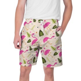 Мужские шорты 3D с принтом Фламинго ,  полиэстер 100% | прямой крой, два кармана без застежек по бокам. Мягкая трикотажная резинка на поясе, внутри которой широкие завязки. Длина чуть выше колен | абстракция | арт | листья | фламинго | хипстеры