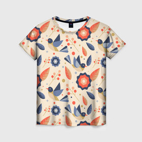 Женская футболка 3D с принтом Птички синички , 100% полиэфир ( синтетическое хлопкоподобное полотно) | прямой крой, круглый вырез горловины, длина до линии бедер | абстракция | арт | птицы | рябина | синички | цветы