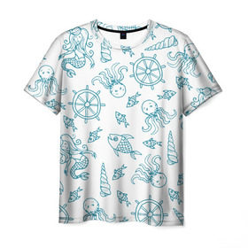 Мужская футболка 3D с принтом Морская живность , 100% полиэфир | прямой крой, круглый вырез горловины, длина до линии бедер | Тематика изображения на принте: абстракция | арт | море | осьминог | русалки