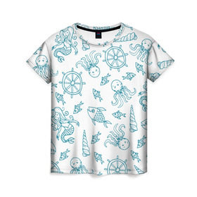 Женская футболка 3D с принтом Морская живность , 100% полиэфир ( синтетическое хлопкоподобное полотно) | прямой крой, круглый вырез горловины, длина до линии бедер | абстракция | арт | море | осьминог | русалки