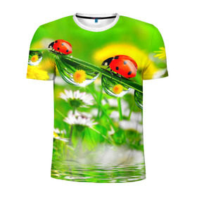 Мужская футболка 3D спортивная с принтом Макро , 100% полиэстер с улучшенными характеристиками | приталенный силуэт, круглая горловина, широкие плечи, сужается к линии бедра | божья коровка | насекомые | одуванчик | природа | цветы