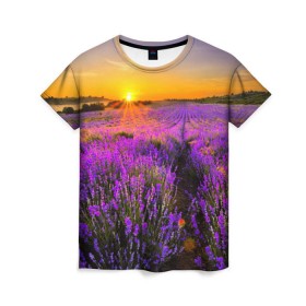 Женская футболка 3D с принтом Лавандовое поле , 100% полиэфир ( синтетическое хлопкоподобное полотно) | прямой крой, круглый вырез горловины, длина до линии бедер | закат | лиловый | пейзаж | яркий