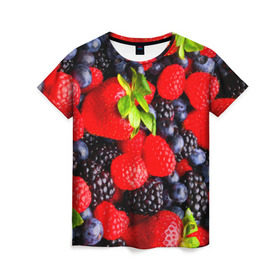 Женская футболка 3D с принтом Ягоды , 100% полиэфир ( синтетическое хлопкоподобное полотно) | прямой крой, круглый вырез горловины, длина до линии бедер | ежевика | клубника | малина | черника | ягода | ягодка
