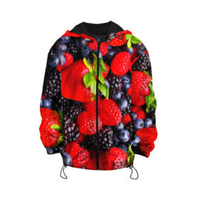 Детская куртка 3D с принтом Ягоды , 100% полиэстер | застежка — молния, подол и капюшон оформлены резинкой с фиксаторами, по бокам — два кармана без застежек, один потайной карман на груди, плотность верхнего слоя — 90 г/м2; плотность флисового подклада — 260 г/м2 | Тематика изображения на принте: ежевика | клубника | малина | черника | ягода | ягодка