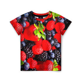 Детская футболка 3D с принтом Ягоды , 100% гипоаллергенный полиэфир | прямой крой, круглый вырез горловины, длина до линии бедер, чуть спущенное плечо, ткань немного тянется | ежевика | клубника | малина | черника | ягода | ягодка