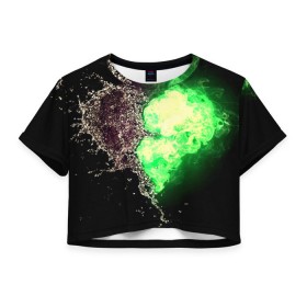 Женская футболка 3D укороченная с принтом Сердце , 100% полиэстер | круглая горловина, длина футболки до линии талии, рукава с отворотами | вода | огонь | стихия | черный