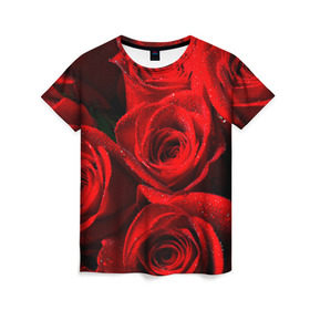 Женская футболка 3D с принтом Розы , 100% полиэфир ( синтетическое хлопкоподобное полотно) | прямой крой, круглый вырез горловины, длина до линии бедер | красная | роза | роса | цветок